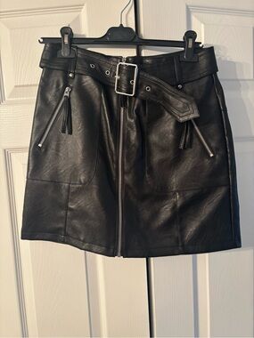 Topshop Black Faux Leather Belted Mini Skirt with Front Zip